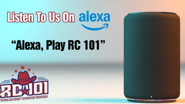Amazon Echo speaker with the words Alexa, Play RC 101
