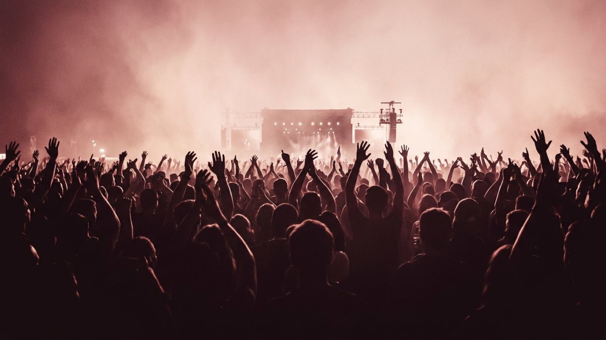 Concert crowd with hands in the air under stage lights